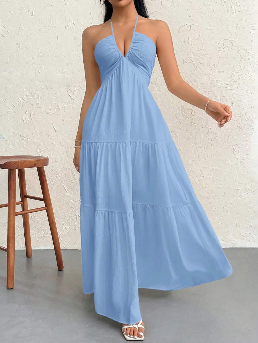 Firerie Women's Romantic Floral Printed Beach Vacation Halter V-Neck Pleated Backless A-Line Dress For Summer Hawaii,Summer Dresses For Women,Tea Party Dress,White Graduation Dress