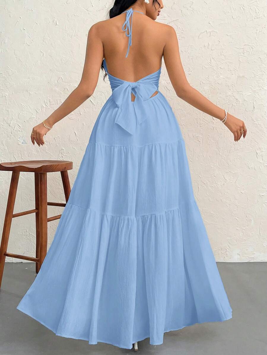 Firerie Women's Romantic Floral Printed Beach Vacation Halter V-Neck Pleated Backless A-Line Dress For Summer Hawaii,Summer Dresses For Women,Tea Party Dress,White Graduation Dress