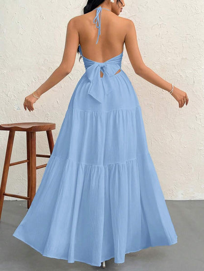 Firerie Women's Romantic Floral Printed Beach Vacation Halter V-Neck Pleated Backless A-Line Dress For Summer Hawaii,Summer Dresses For Women,Tea Party Dress,White Graduation Dress