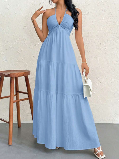 Firerie Women's Romantic Floral Printed Beach Vacation Halter V-Neck Pleated Backless A-Line Dress For Summer Hawaii,Summer Dresses For Women,Tea Party Dress,White Graduation Dress