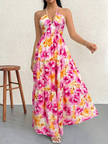 Firerie Women's Romantic Floral Printed Beach Vacation Halter V-Neck Pleated Backless A-Line Dress For Summer Hawaii,Summer Dresses For Women,Tea Party Dress,White Graduation Dress