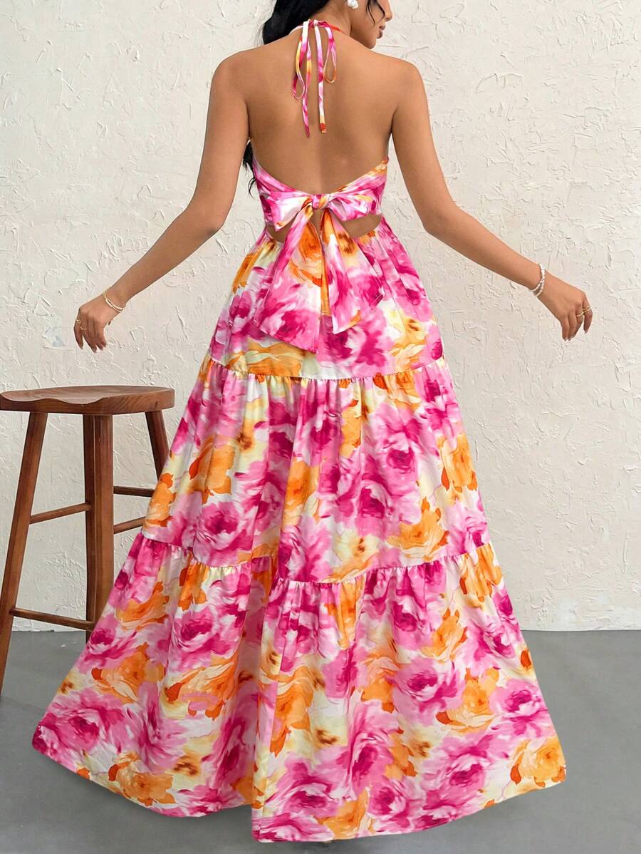 Firerie Women's Romantic Floral Printed Beach Vacation Halter V-Neck Pleated Backless A-Line Dress For Summer Hawaii,Summer Dresses For Women,Tea Party Dress,White Graduation Dress