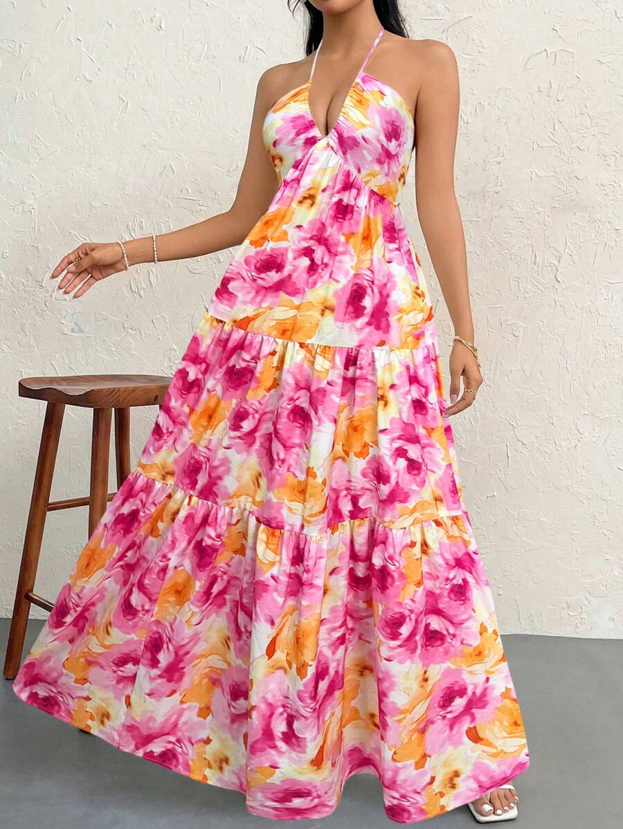 Firerie Women's Romantic Floral Printed Beach Vacation Halter V-Neck Pleated Backless A-Line Dress For Summer Hawaii,Summer Dresses For Women,Tea Party Dress,White Graduation Dress