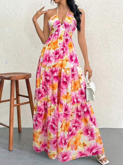 Firerie Women's Romantic Floral Printed Beach Vacation Halter V-Neck Pleated Backless A-Line Dress For Summer Hawaii,Summer Dresses For Women,Tea Party Dress,White Graduation Dress