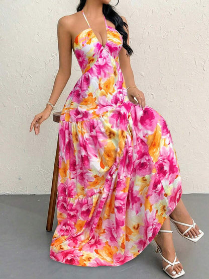 Firerie Women's Romantic Floral Printed Beach Vacation Halter V-Neck Pleated Backless A-Line Dress For Summer Hawaii,Summer Dresses For Women,Tea Party Dress,White Graduation Dress