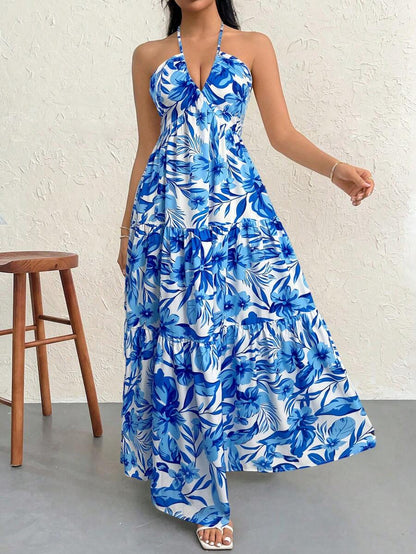 Firerie Women's Romantic Floral Printed Beach Vacation Halter V-Neck Pleated Backless A-Line Dress For Summer Hawaii,Summer Dresses For Women,Tea Party Dress,White Graduation Dress