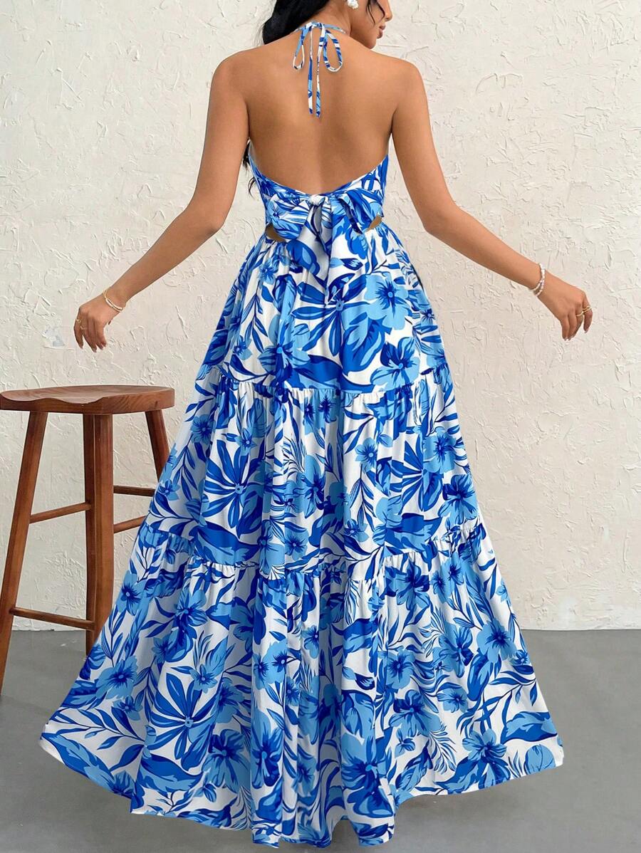 Firerie Women's Romantic Floral Printed Beach Vacation Halter V-Neck Pleated Backless A-Line Dress For Summer Hawaii,Summer Dresses For Women,Tea Party Dress,White Graduation Dress