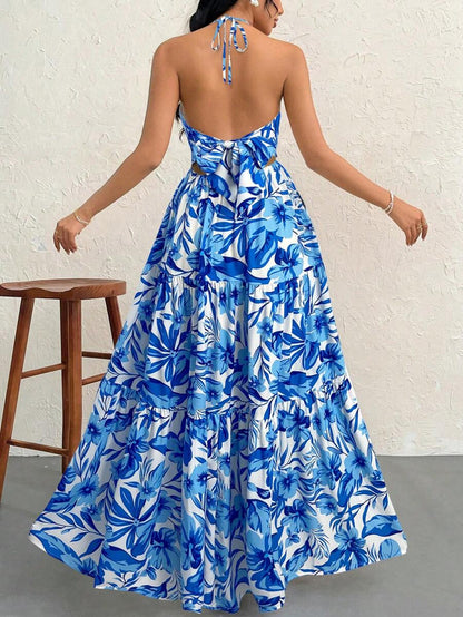 Firerie Women's Romantic Floral Printed Beach Vacation Halter V-Neck Pleated Backless A-Line Dress For Summer Hawaii,Summer Dresses For Women,Tea Party Dress,White Graduation Dress