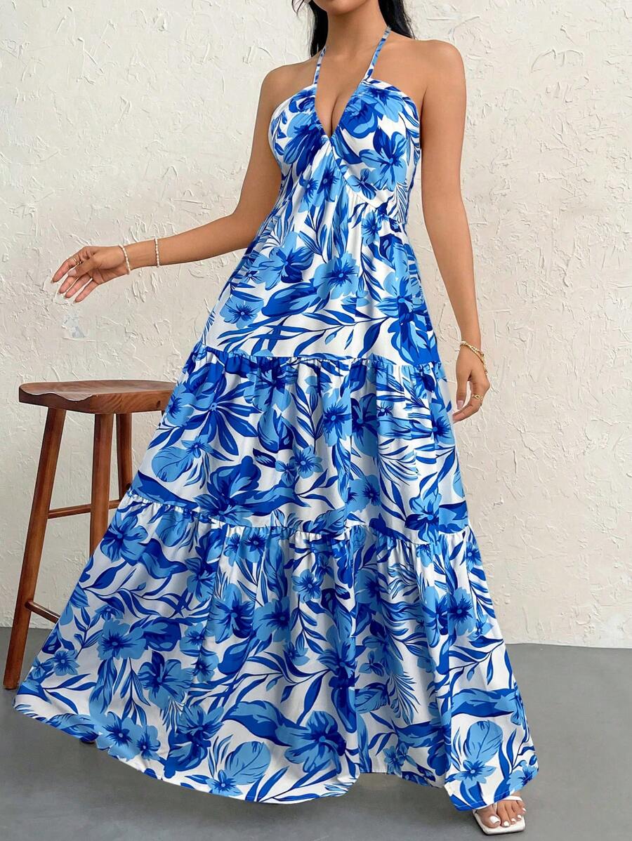 Firerie Women's Romantic Floral Printed Beach Vacation Halter V-Neck Pleated Backless A-Line Dress For Summer Hawaii,Summer Dresses For Women,Tea Party Dress,White Graduation Dress