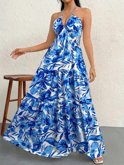 Firerie Women's Romantic Floral Printed Beach Vacation Halter V-Neck Pleated Backless A-Line Dress For Summer Hawaii,Summer Dresses For Women,Tea Party Dress,White Graduation Dress