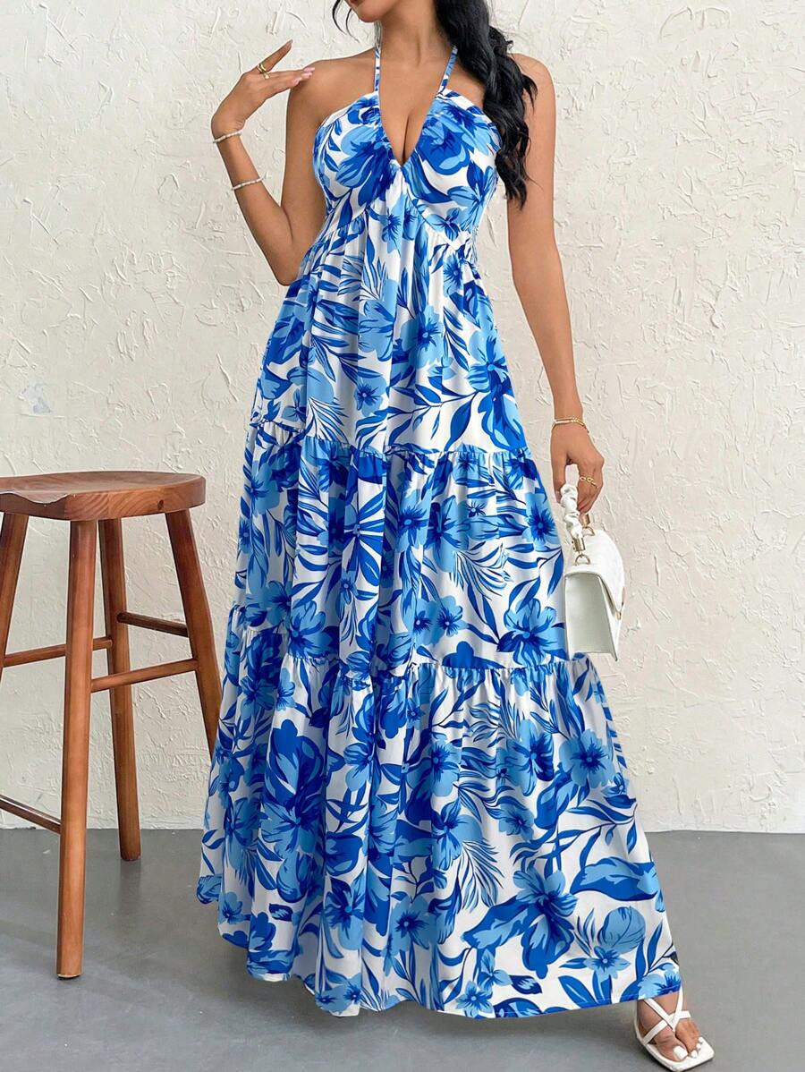 Firerie Women's Romantic Floral Printed Beach Vacation Halter V-Neck Pleated Backless A-Line Dress For Summer Hawaii,Summer Dresses For Women,Tea Party Dress,White Graduation Dress