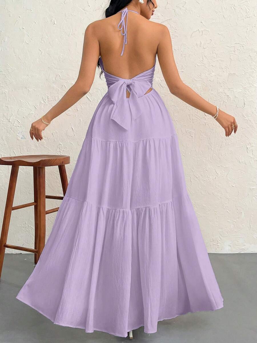 Firerie Women's Romantic Floral Printed Beach Vacation Halter V-Neck Pleated Backless A-Line Dress For Summer Hawaii,Summer Dresses For Women,Tea Party Dress,White Graduation Dress