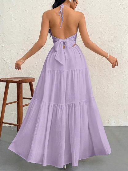 Firerie Women's Romantic Floral Printed Beach Vacation Halter V-Neck Pleated Backless A-Line Dress For Summer Hawaii,Summer Dresses For Women,Tea Party Dress,White Graduation Dress