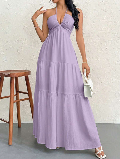 Firerie Women's Romantic Floral Printed Beach Vacation Halter V-Neck Pleated Backless A-Line Dress For Summer Hawaii,Summer Dresses For Women,Tea Party Dress,White Graduation Dress