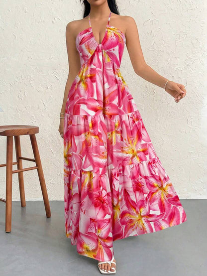 Firerie Women's Romantic Floral Printed Beach Vacation Halter V-Neck Pleated Backless A-Line Dress For Summer Hawaii,Summer Dresses For Women,Tea Party Dress,White Graduation Dress