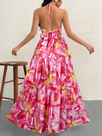 Firerie Women's Romantic Floral Printed Beach Vacation Halter V-Neck Pleated Backless A-Line Dress For Summer Hawaii,Summer Dresses For Women,Tea Party Dress,White Graduation Dress