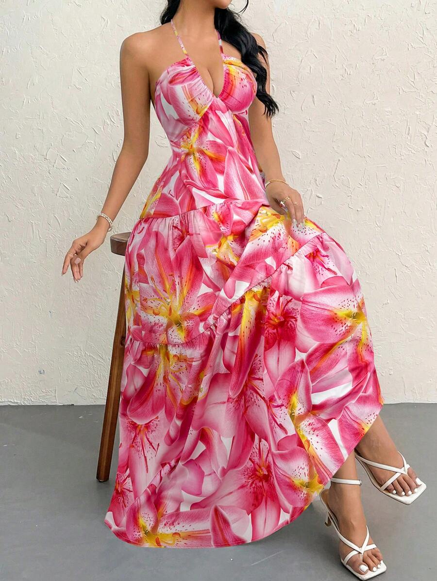Firerie Women's Romantic Floral Printed Beach Vacation Halter V-Neck Pleated Backless A-Line Dress For Summer Hawaii,Summer Dresses For Women,Tea Party Dress,White Graduation Dress