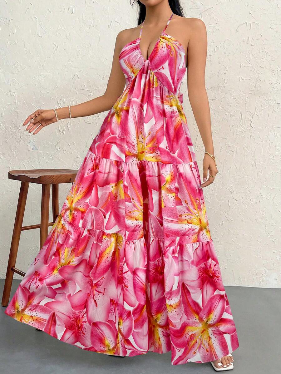 Firerie Women's Romantic Floral Printed Beach Vacation Halter V-Neck Pleated Backless A-Line Dress For Summer Hawaii,Summer Dresses For Women,Tea Party Dress,White Graduation Dress