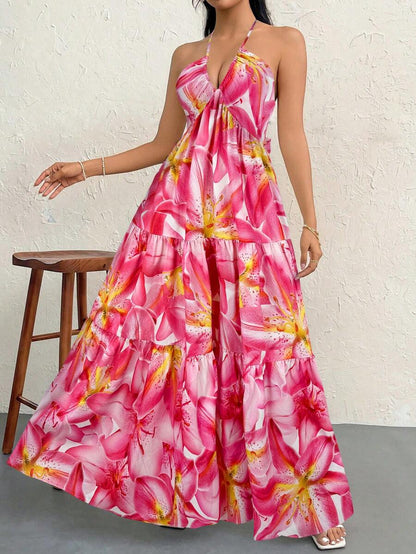 Firerie Women's Romantic Floral Printed Beach Vacation Halter V-Neck Pleated Backless A-Line Dress For Summer Hawaii,Summer Dresses For Women,Tea Party Dress,White Graduation Dress