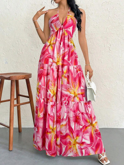 Firerie Women's Romantic Floral Printed Beach Vacation Halter V-Neck Pleated Backless A-Line Dress For Summer Hawaii,Summer Dresses For Women,Tea Party Dress,White Graduation Dress