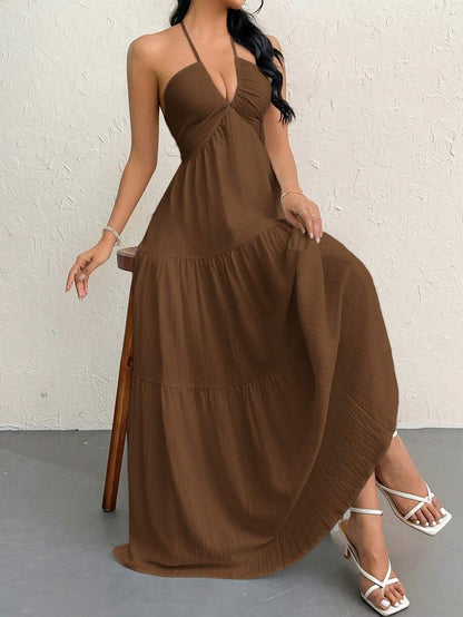 Firerie Women's Romantic Floral Printed Beach Vacation Halter V-Neck Pleated Backless A-Line Dress For Summer Hawaii,Summer Dresses For Women,Tea Party Dress,White Graduation Dress