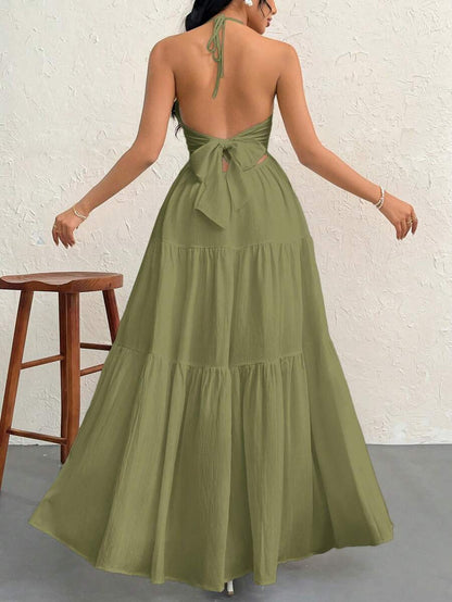 Firerie Women's Romantic Floral Printed Beach Vacation Halter V-Neck Pleated Backless A-Line Dress For Summer Hawaii,Summer Dresses For Women,Tea Party Dress,White Graduation Dress