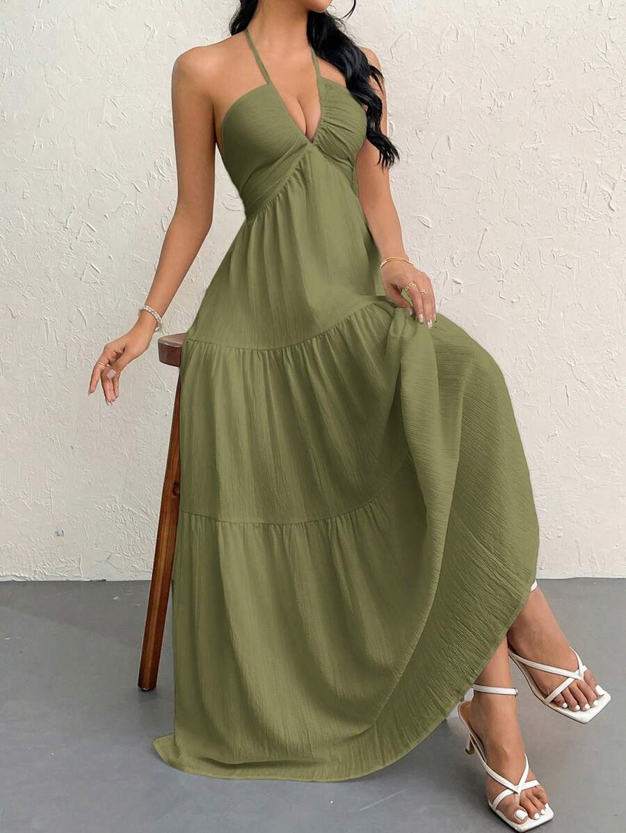 Firerie Women's Romantic Floral Printed Beach Vacation Halter V-Neck Pleated Backless A-Line Dress For Summer Hawaii,Summer Dresses For Women,Tea Party Dress,White Graduation Dress