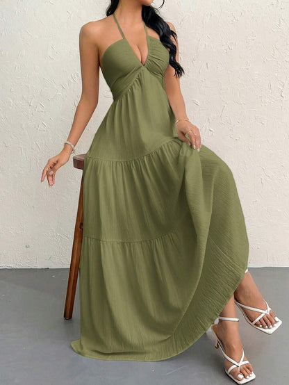 Firerie Women's Romantic Floral Printed Beach Vacation Halter V-Neck Pleated Backless A-Line Dress For Summer Hawaii,Summer Dresses For Women,Tea Party Dress,White Graduation Dress