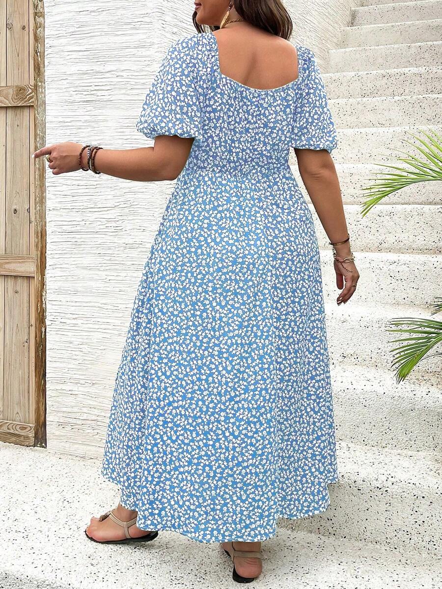 Breezaya Vestido de verano elegante de manga larga abultada, escote cuadrado, con corbata delantera y estampado floral diminuto, para vacaciones, talla grande, conjunto de mujer
