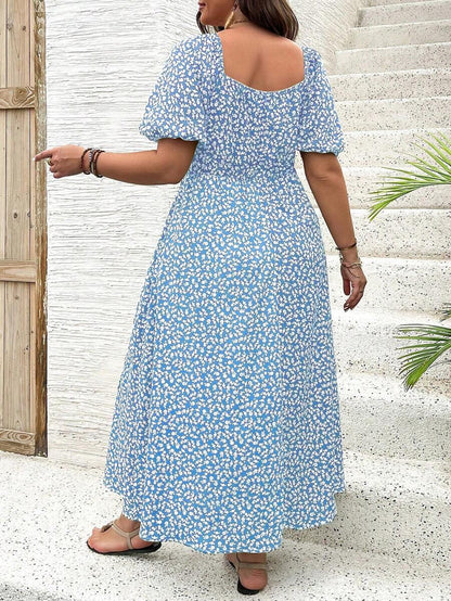 Breezaya Vestido de verano elegante de manga larga abultada, escote cuadrado, con corbata delantera y estampado floral diminuto, para vacaciones, talla grande, conjunto de mujer
