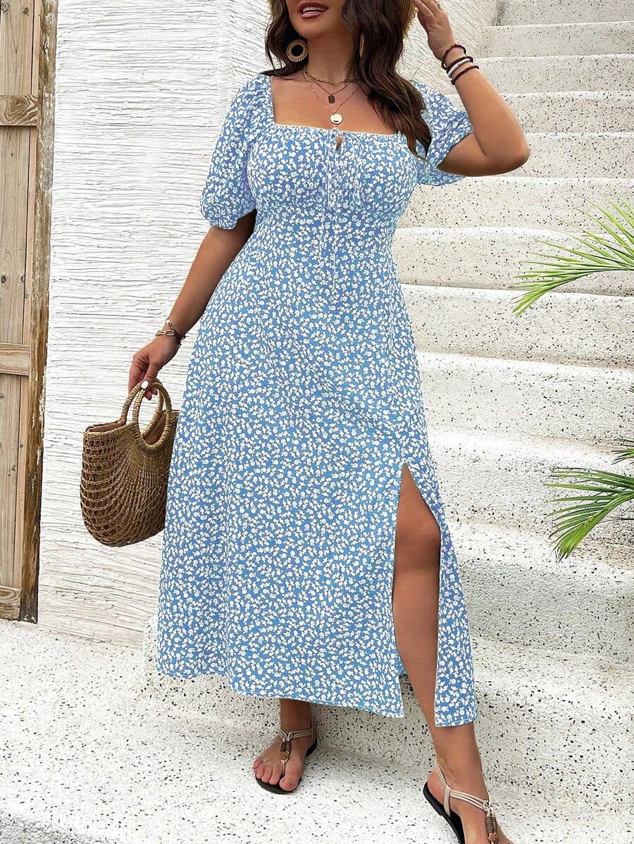 Breezaya Vestido de verano elegante de manga larga abultada, escote cuadrado, con corbata delantera y estampado floral diminuto, para vacaciones, talla grande, conjunto de mujer
