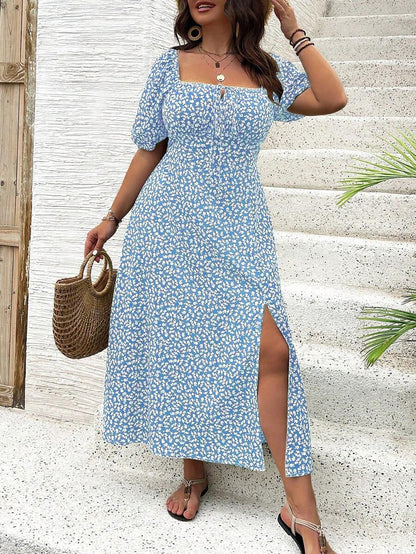 Breezaya Vestido de verano elegante de manga larga abultada, escote cuadrado, con corbata delantera y estampado floral diminuto, para vacaciones, talla grande, conjunto de mujer