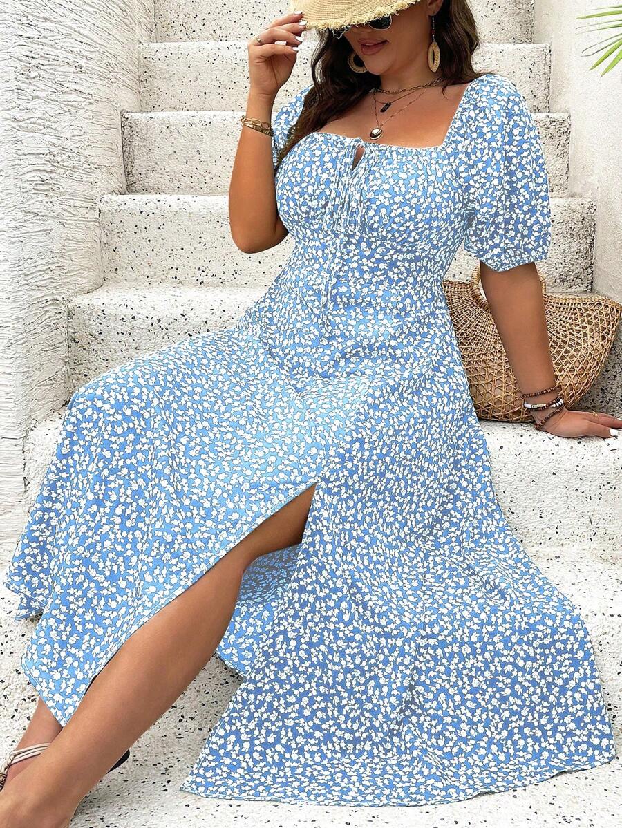 Breezaya Vestido de verano elegante de manga larga abultada, escote cuadrado, con corbata delantera y estampado floral diminuto, para vacaciones, talla grande, conjunto de mujer