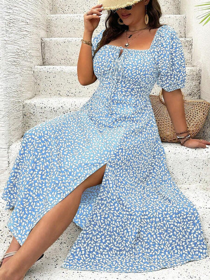 Breezaya Vestido de verano elegante de manga larga abultada, escote cuadrado, con corbata delantera y estampado floral diminuto, para vacaciones, talla grande, conjunto de mujer