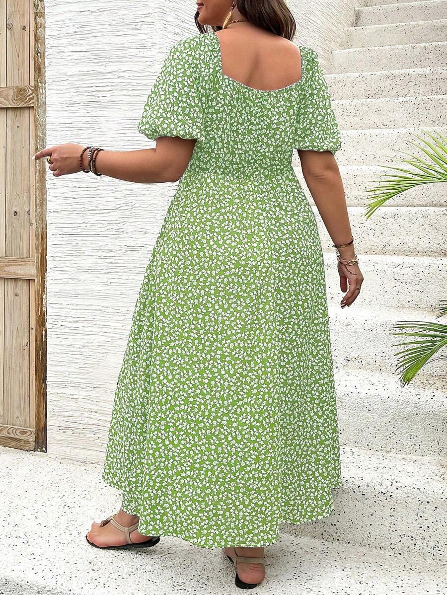Breezaya Vestido de verano elegante de manga larga abultada, escote cuadrado, con corbata delantera y estampado floral diminuto, para vacaciones, talla grande, conjunto de mujer