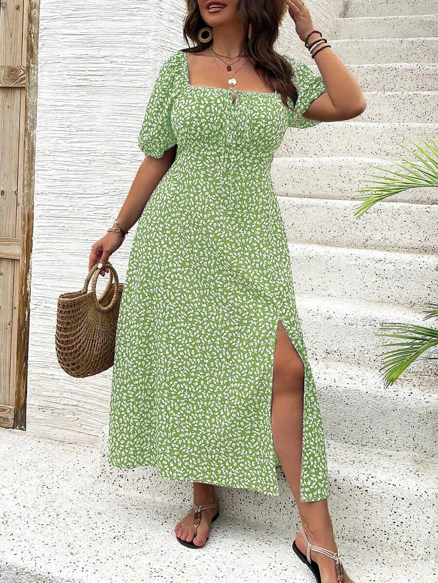 Breezaya Vestido de verano elegante de manga larga abultada, escote cuadrado, con corbata delantera y estampado floral diminuto, para vacaciones, talla grande, conjunto de mujer