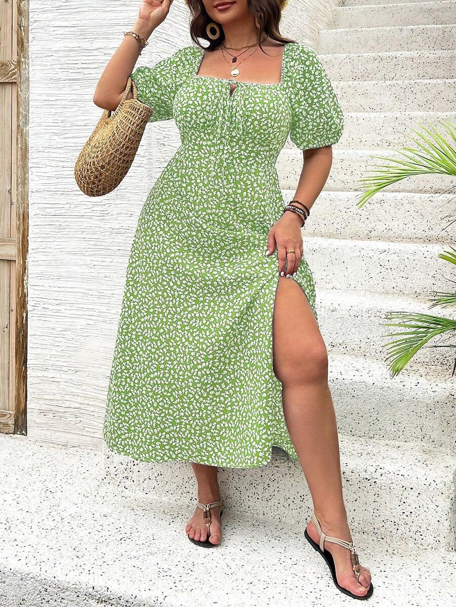 Breezaya Vestido de verano elegante de manga larga abultada, escote cuadrado, con corbata delantera y estampado floral diminuto, para vacaciones, talla grande, conjunto de mujer