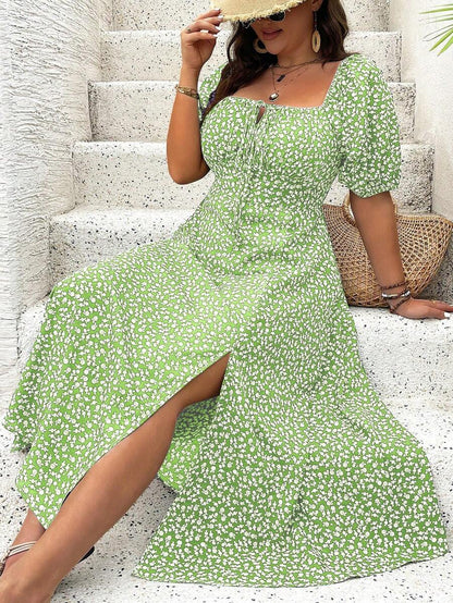 Breezaya Vestido de verano elegante de manga larga abultada, escote cuadrado, con corbata delantera y estampado floral diminuto, para vacaciones, talla grande, conjunto de mujer