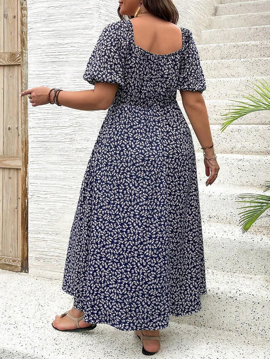 Breezaya Vestido de verano elegante de manga larga abultada, escote cuadrado, con corbata delantera y estampado floral diminuto, para vacaciones, talla grande, conjunto de mujer