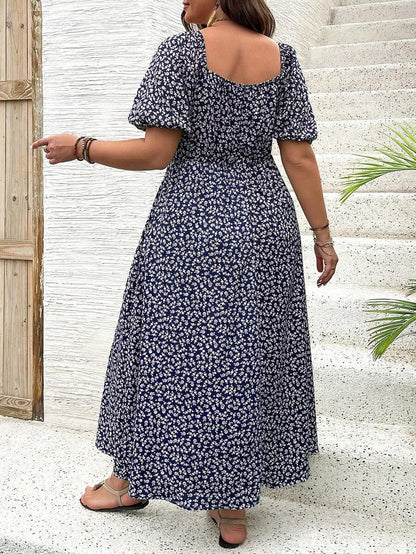 Breezaya Vestido de verano elegante de manga larga abultada, escote cuadrado, con corbata delantera y estampado floral diminuto, para vacaciones, talla grande, conjunto de mujer