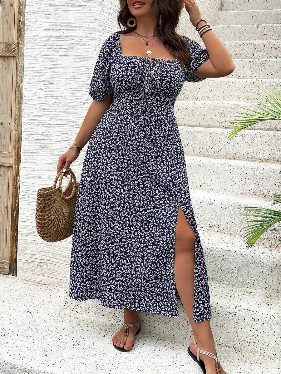 Breezaya Vestido de verano elegante de manga larga abultada, escote cuadrado, con corbata delantera y estampado floral diminuto, para vacaciones, talla grande, conjunto de mujer