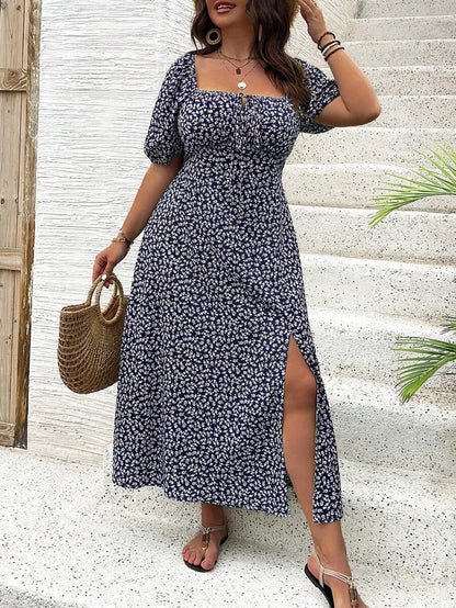 Breezaya Vestido de verano elegante de manga larga abultada, escote cuadrado, con corbata delantera y estampado floral diminuto, para vacaciones, talla grande, conjunto de mujer