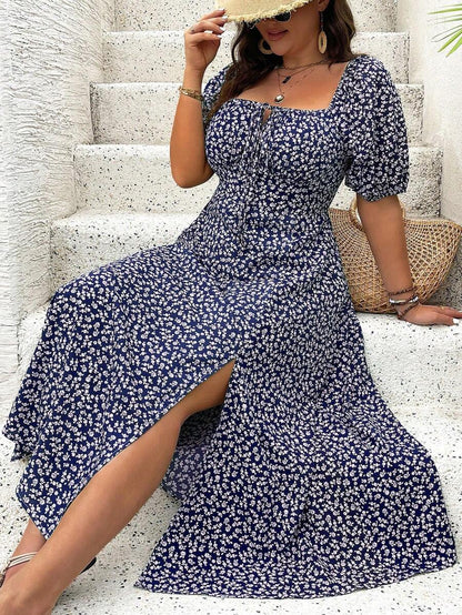 Breezaya Vestido de verano elegante de manga larga abultada, escote cuadrado, con corbata delantera y estampado floral diminuto, para vacaciones, talla grande, conjunto de mujer