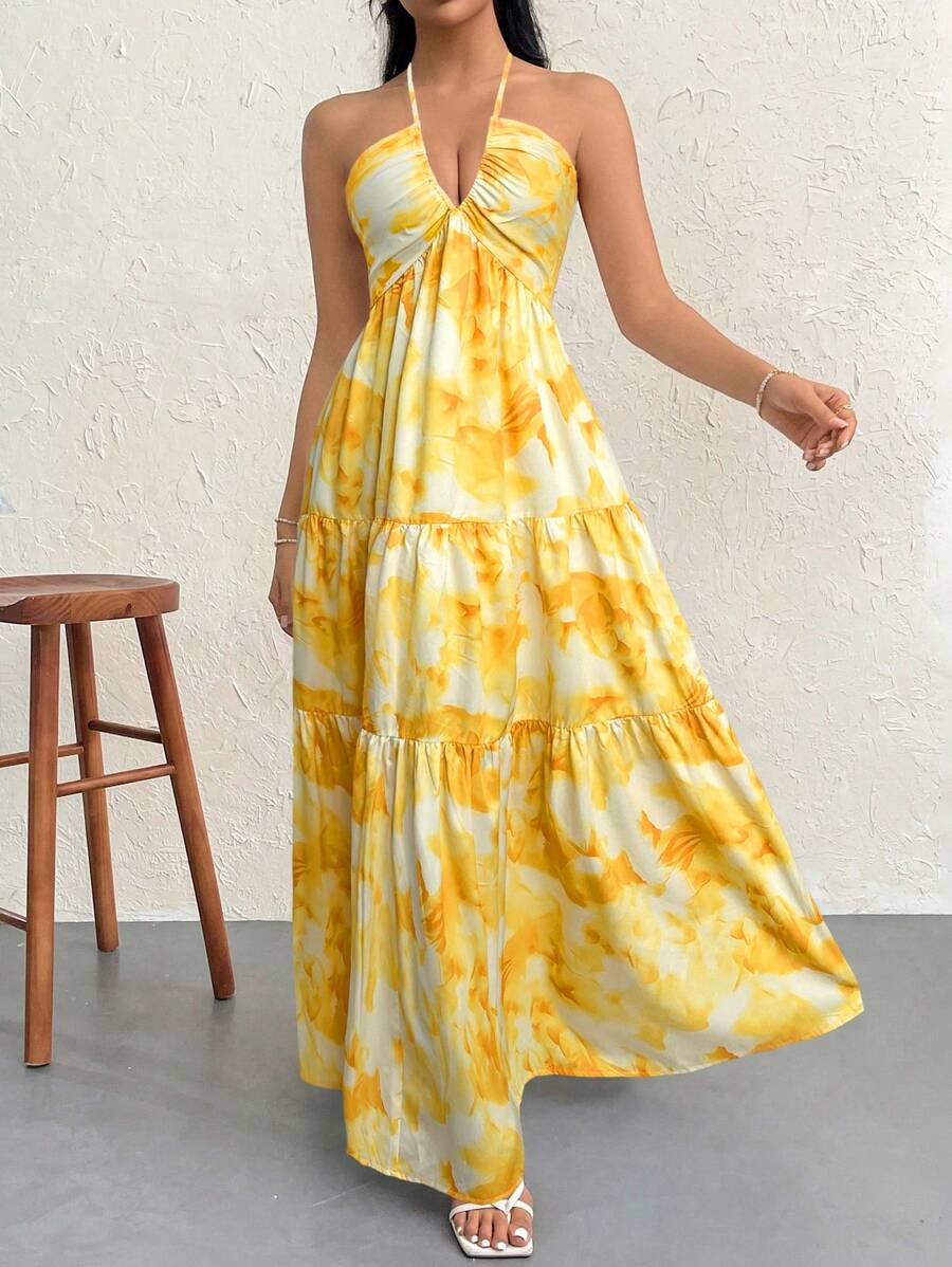 Firerie Women's Romantic Floral Printed Beach Vacation Halter V-Neck Pleated Backless A-Line Dress For Summer Hawaii,Summer Dresses For Women,Tea Party Dress,White Graduation Dress