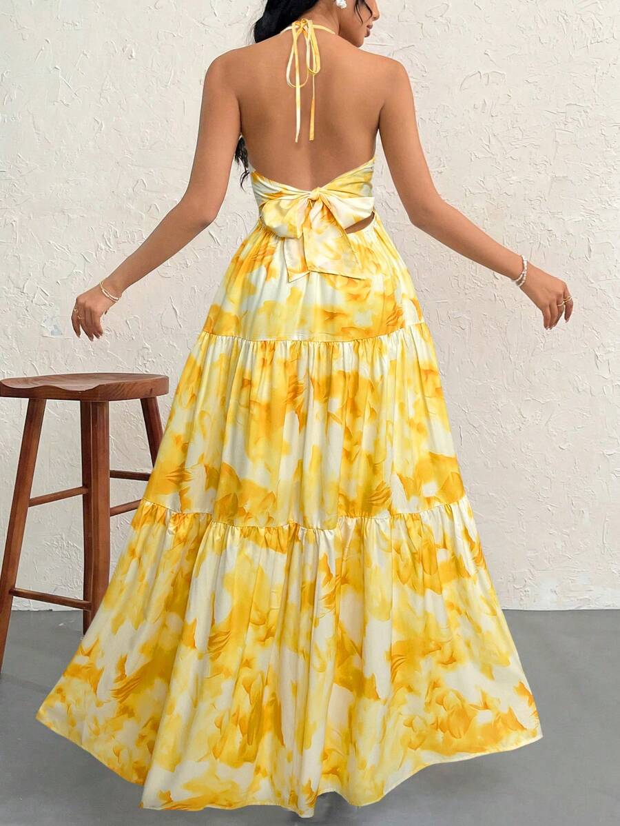 Firerie Women's Romantic Floral Printed Beach Vacation Halter V-Neck Pleated Backless A-Line Dress For Summer Hawaii,Summer Dresses For Women,Tea Party Dress,White Graduation Dress