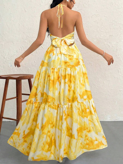 Firerie Women's Romantic Floral Printed Beach Vacation Halter V-Neck Pleated Backless A-Line Dress For Summer Hawaii,Summer Dresses For Women,Tea Party Dress,White Graduation Dress