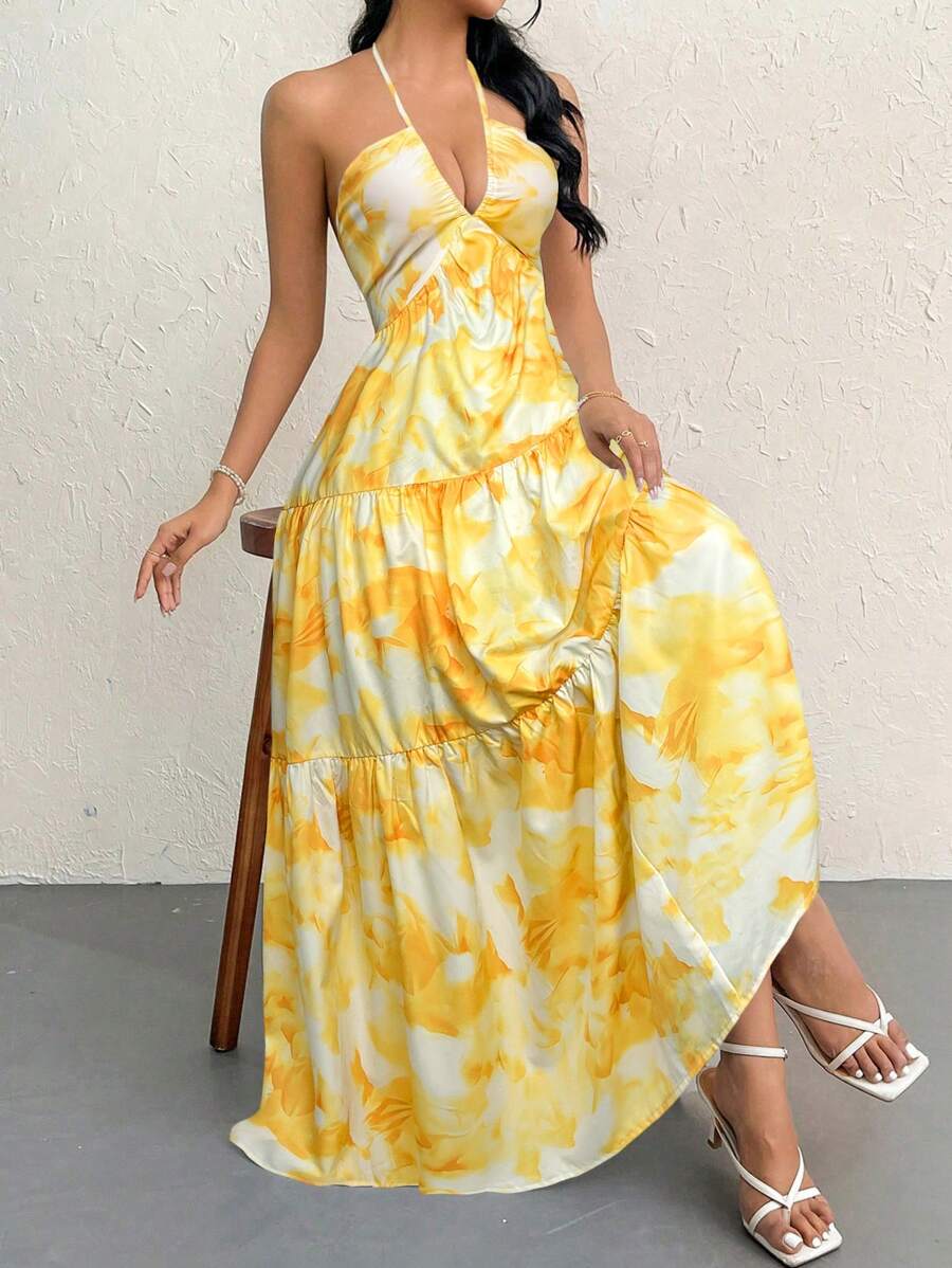 Firerie Women's Romantic Floral Printed Beach Vacation Halter V-Neck Pleated Backless A-Line Dress For Summer Hawaii,Summer Dresses For Women,Tea Party Dress,White Graduation Dress