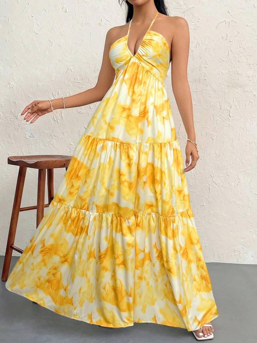 Firerie Women's Romantic Floral Printed Beach Vacation Halter V-Neck Pleated Backless A-Line Dress For Summer Hawaii,Summer Dresses For Women,Tea Party Dress,White Graduation Dress