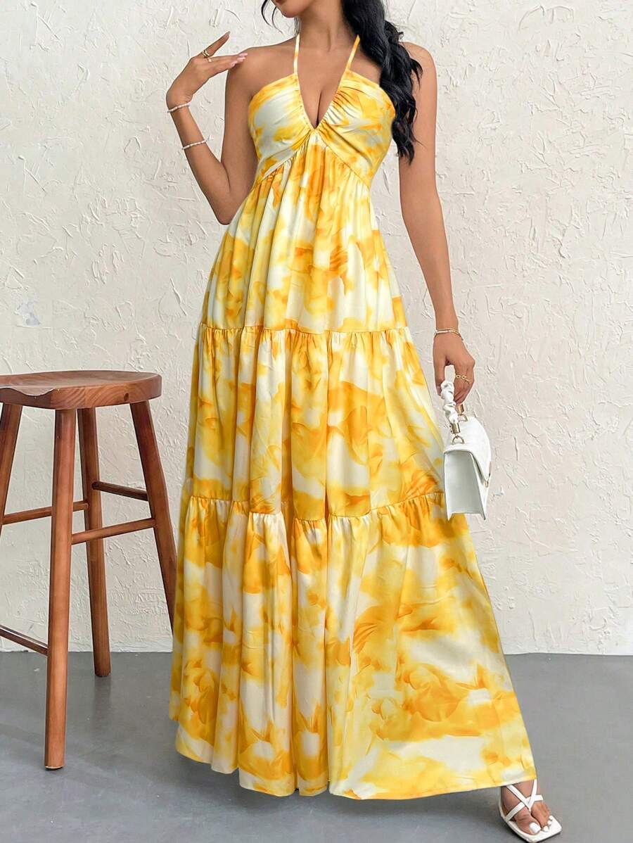 Firerie Women's Romantic Floral Printed Beach Vacation Halter V-Neck Pleated Backless A-Line Dress For Summer Hawaii,Summer Dresses For Women,Tea Party Dress,White Graduation Dress