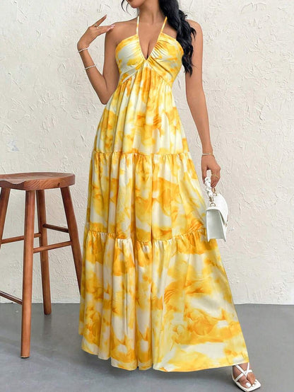 Firerie Women's Romantic Floral Printed Beach Vacation Halter V-Neck Pleated Backless A-Line Dress For Summer Hawaii,Summer Dresses For Women,Tea Party Dress,White Graduation Dress